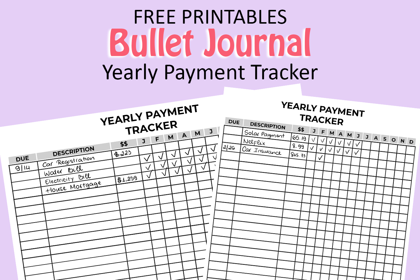 free bullet journal printables - yearly payment tracker